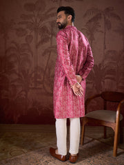 Ethnic Bay Men Pink Silk Blend Ethnic Motifs Printed Straight Kurta With Trouser-MKSET1929