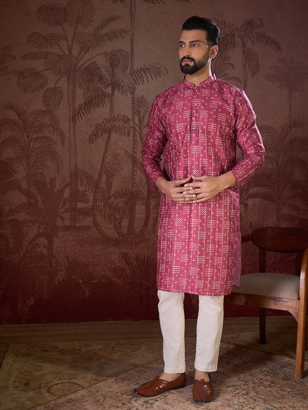 Ethnic Bay Men Pink Silk Blend Ethnic Motifs Printed Straight Kurta With Trouser
