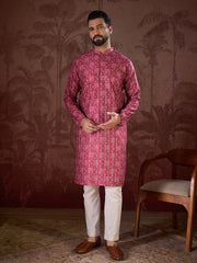 Ethnic Bay Men Pink Silk Blend Ethnic Motifs Printed Straight Kurta With Trouser-MKSET1929