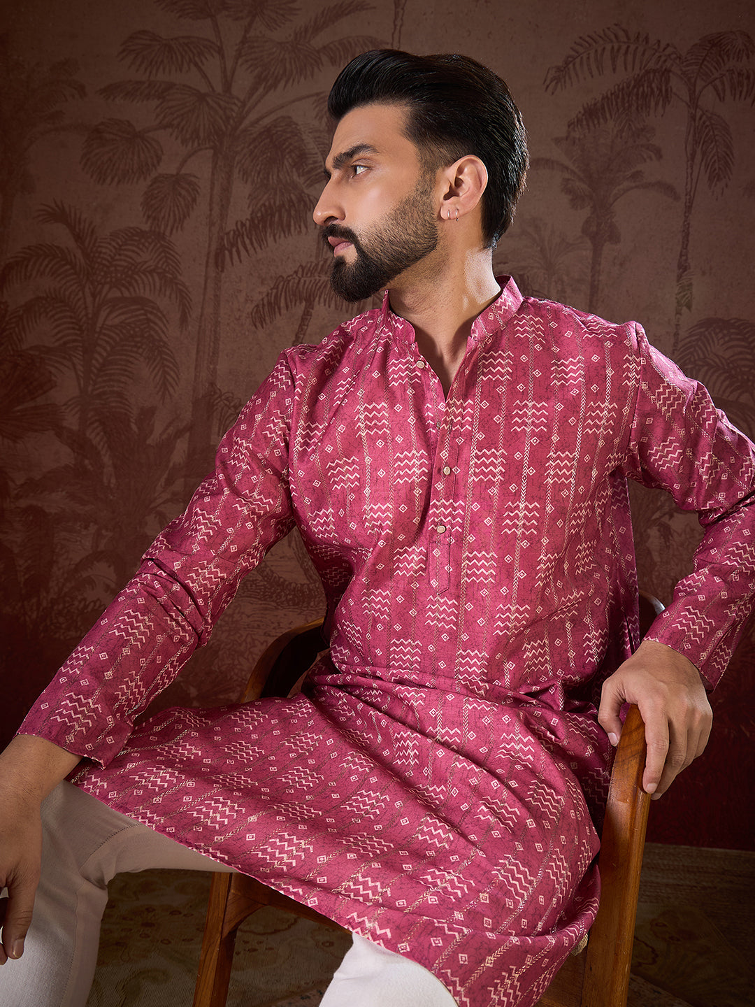 Ethnic Bay Men Pink Silk Blend Ethnic Motifs Printed Straight Kurta With Trouser