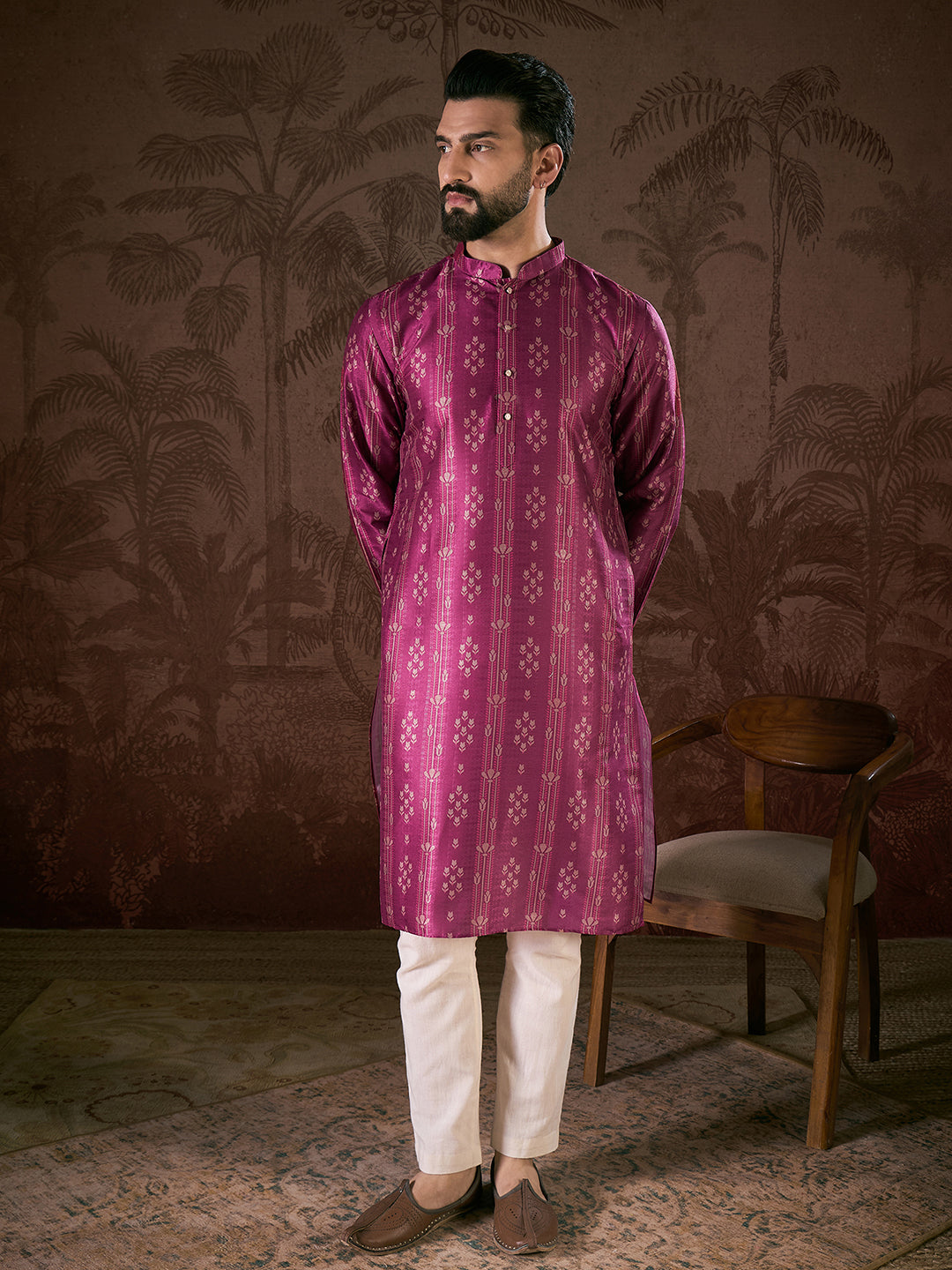 Ethnic Bay Men Purple Silk Blend Floral Printed Straight Kurta With Trouser