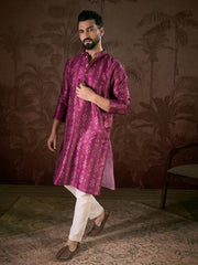 Ethnic Bay Men Purple Silk Blend Floral Printed Straight Kurta With Trouser-MKSET1930