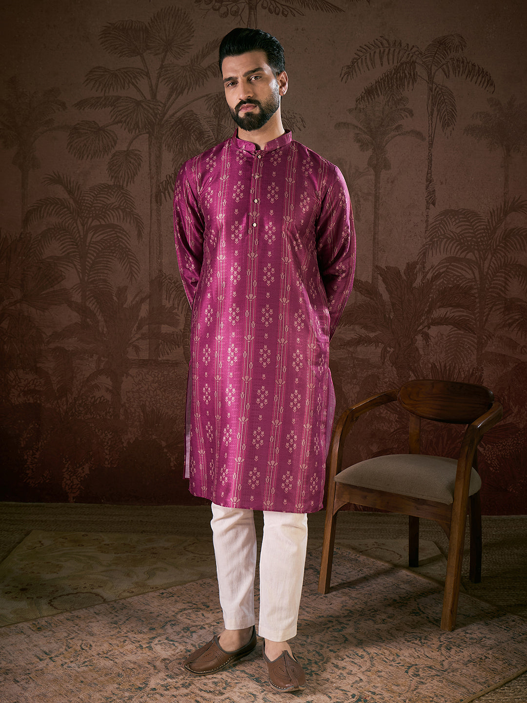 Ethnic Bay Men Purple Silk Blend Floral Printed Straight Kurta With Trouser