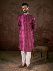 Ethnic Bay Men Purple Silk Blend Floral Printed Straight Kurta With Trouser-MKSET1930