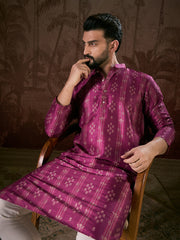 Ethnic Bay Men Purple Silk Blend Floral Printed Straight Kurta With Trouser-MKSET1930