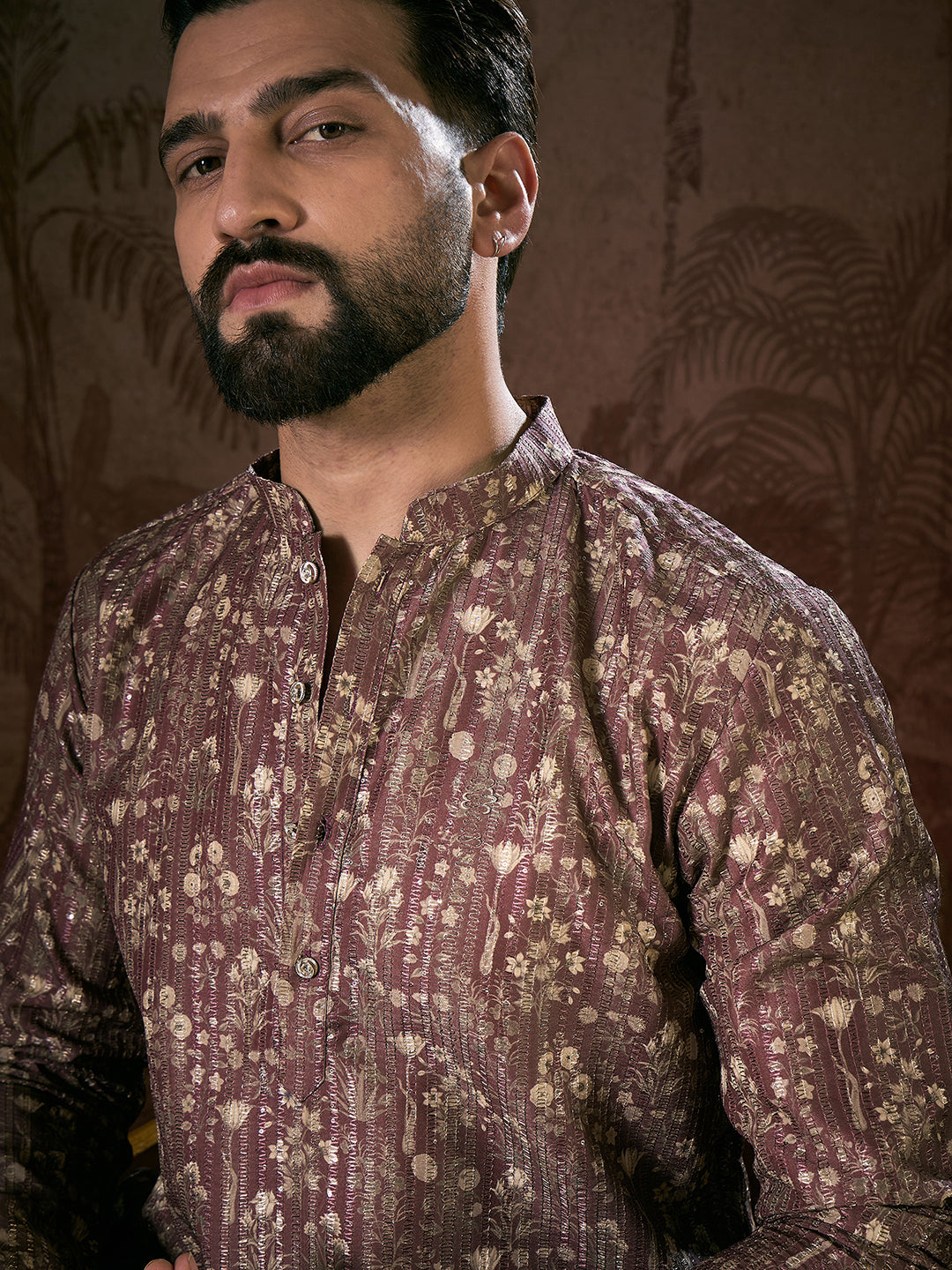 Ethnic Bay Men Mauve Silk Blend Floral Printed Straight Kurta With Trouser-MKSET1932
