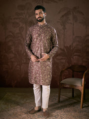 Ethnic Bay Men Mauve Silk Blend Floral Printed Straight Kurta With Trouser-MKSET1932