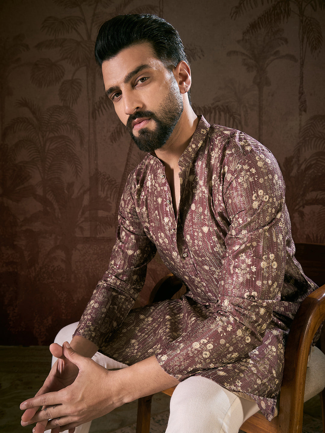 Ethnic Bay Men Mauve Silk Blend Floral Printed Straight Kurta With Trouser