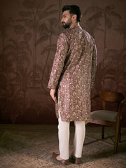 Ethnic Bay Men Mauve Silk Blend Floral Printed Straight Kurta With Trouser-MKSET1932