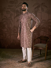 Ethnic Bay Men Mauve Silk Blend Floral Printed Straight Kurta With Trouser-MKSET1932