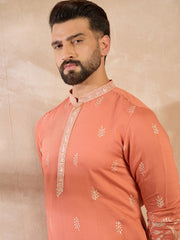 Ethnic Bay Men Peach Vartican Solid Embroidered Straight Kurta Sets-MKSET1935