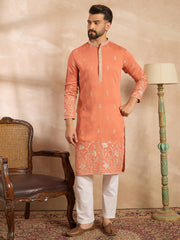 Ethnic Bay Men Peach Vartican Solid Embroidered Straight Kurta Sets-MKSET1935