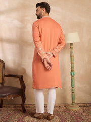 Ethnic Bay Men Peach Vartican Solid Embroidered Straight Kurta Sets-MKSET1935