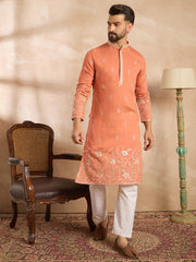 Ethnic Bay Men Peach Vartican Solid Embroidered Straight Kurta Sets-MKSET1935