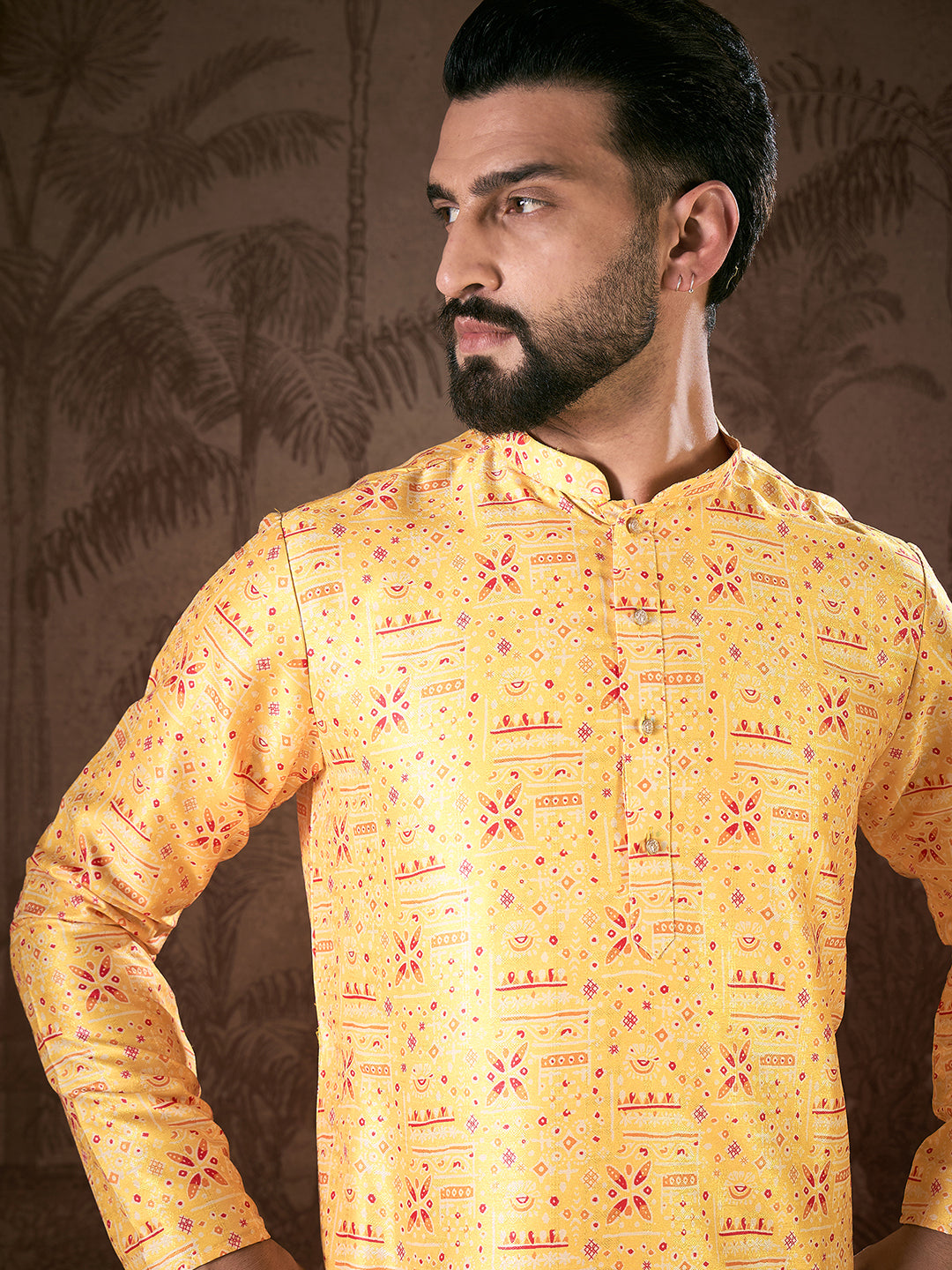 Ethnic Bay Men Yellow Silk Blend Ethnic Motifs Printed Straight Kurta With Trouser