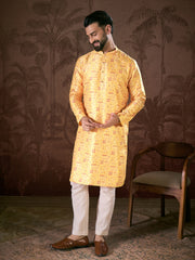 Ethnic Bay Men Yellow Silk Blend Ethnic Motifs Printed Straight Kurta With Trouser-MKSET1936