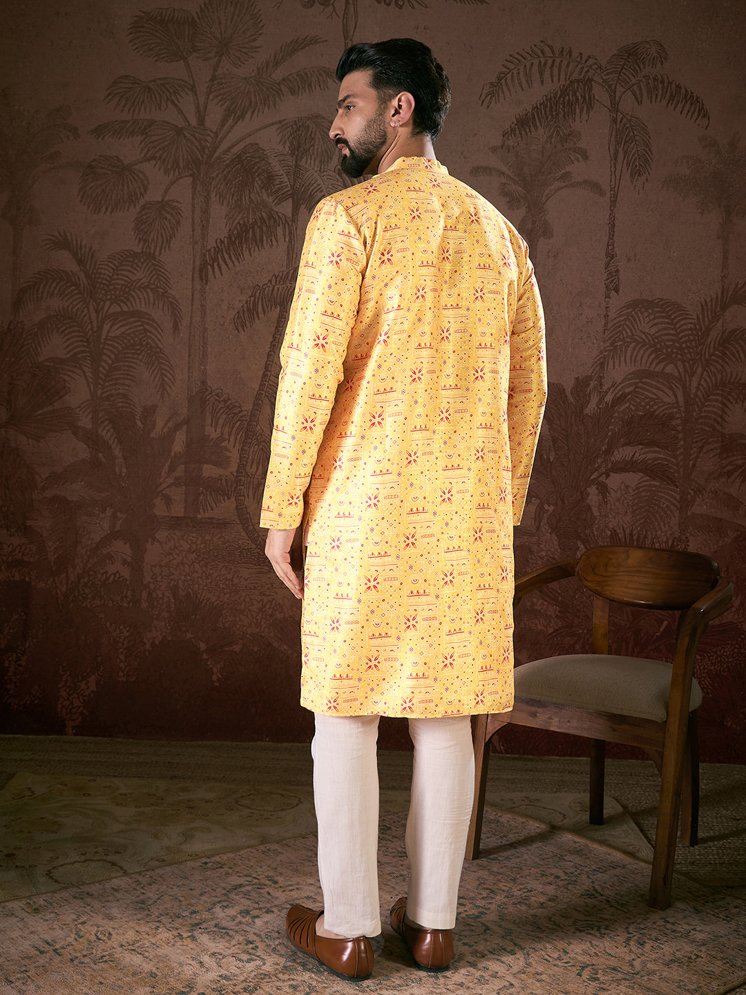 Ethnic Bay Men Yellow Silk Blend Ethnic Motifs Printed Straight Kurta With Trouser