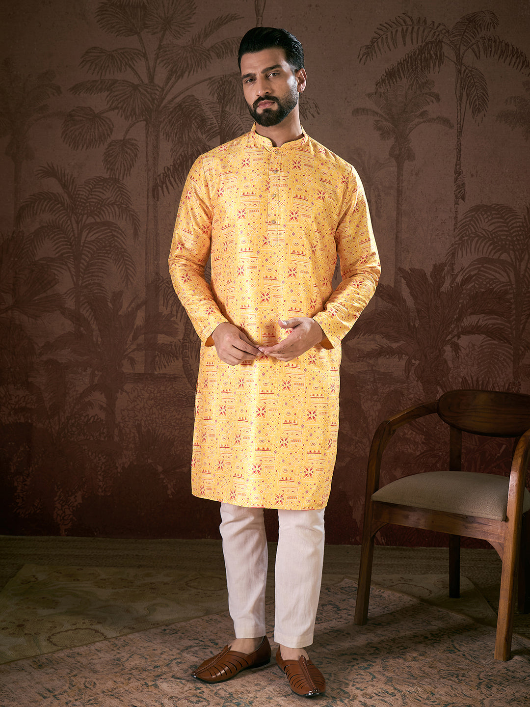 Ethnic Bay Men Yellow Silk Blend Ethnic Motifs Printed Straight Kurta With Trouser