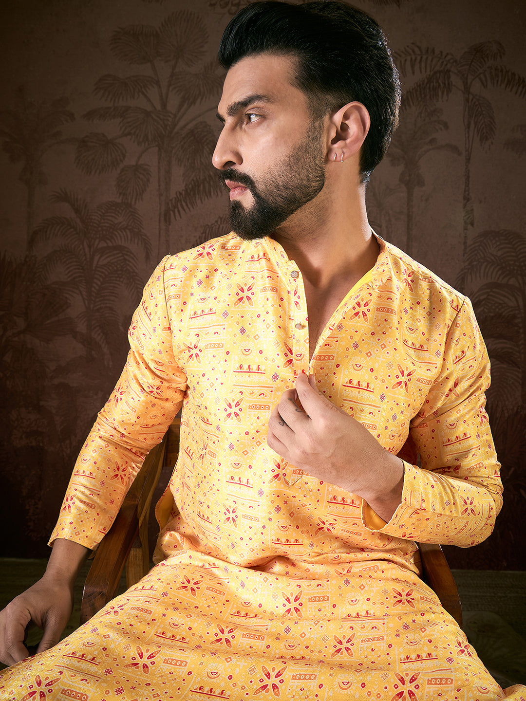 Ethnic Bay Men Yellow Silk Blend Ethnic Motifs Printed Straight Kurta With Trouser