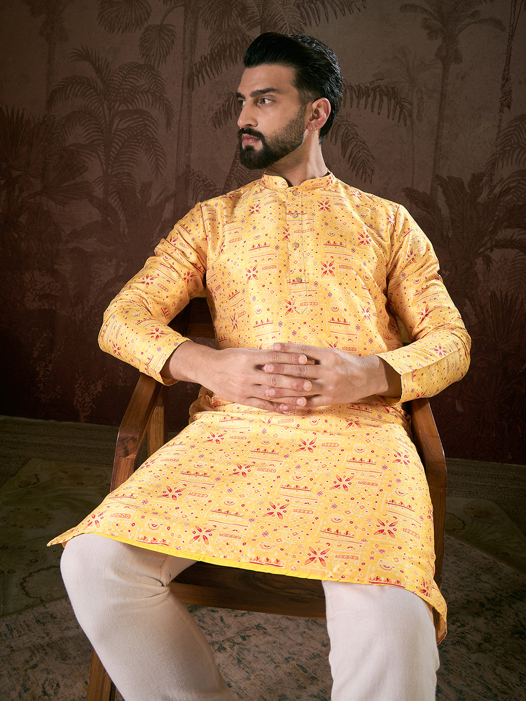 Ethnic Bay Men Yellow Silk Blend Ethnic Motifs Printed Straight Kurta With Trouser