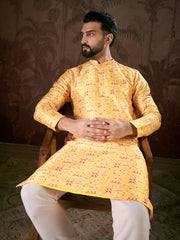 Ethnic Bay Men Yellow Silk Blend Ethnic Motifs Printed Straight Kurta With Trouser-MKSET1936