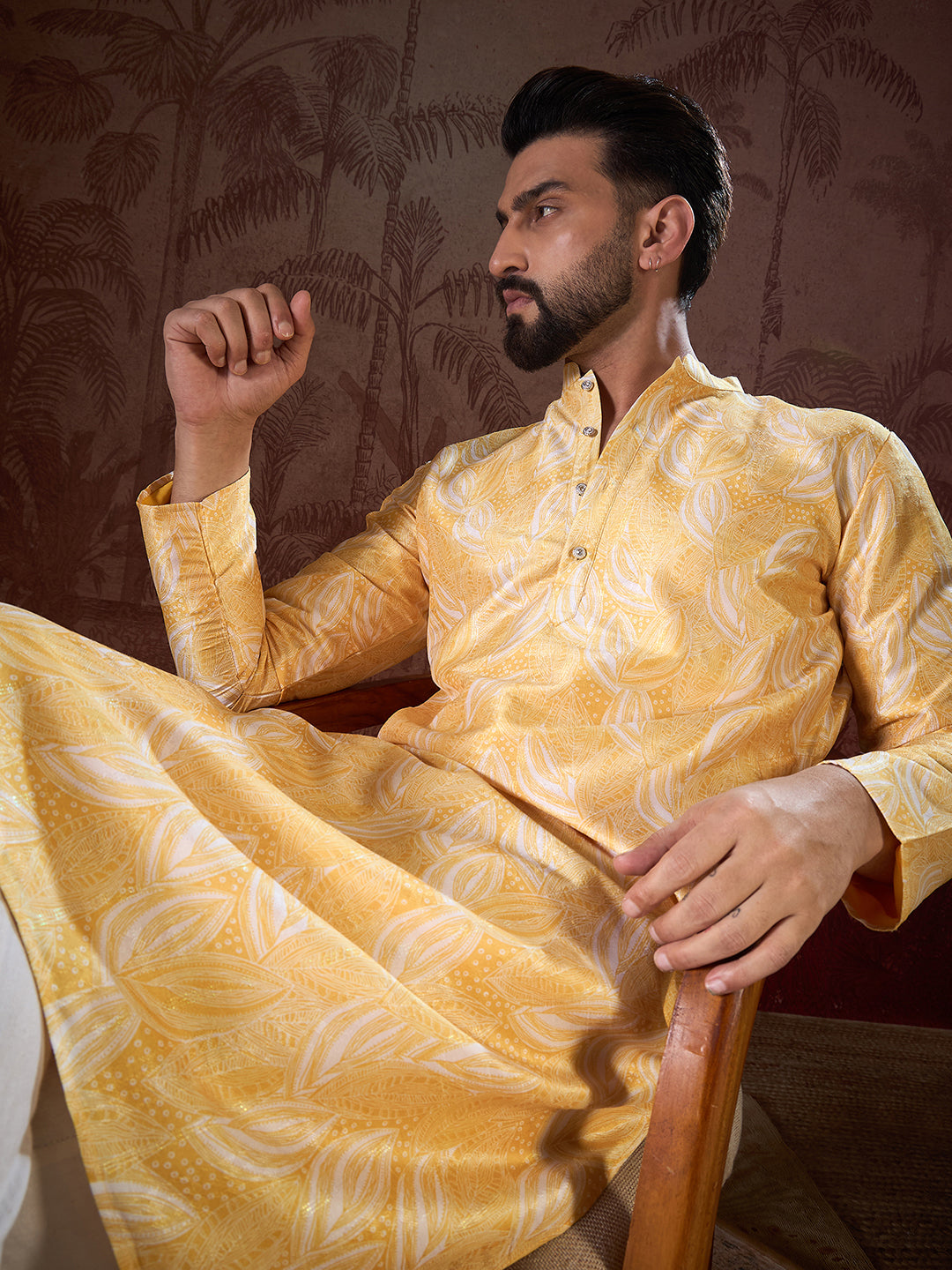 Ethnic Bay Men Yellow Silk Blend Floral Printed Straight Kurta With Trouser-MKSET1937