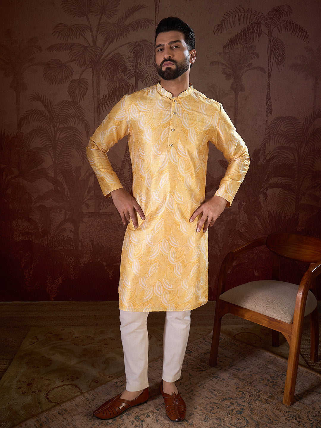 Ethnic Bay Men Yellow Silk Blend Floral Printed Straight Kurta With Trouser