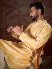 Ethnic Bay Men Yellow Silk Blend Floral Printed Straight Kurta With Trouser-MKSET1937