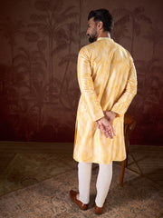 Ethnic Bay Men Yellow Silk Blend Floral Printed Straight Kurta With Trouser-MKSET1937