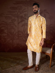 Ethnic Bay Men Yellow Silk Blend Floral Printed Straight Kurta With Trouser-MKSET1937