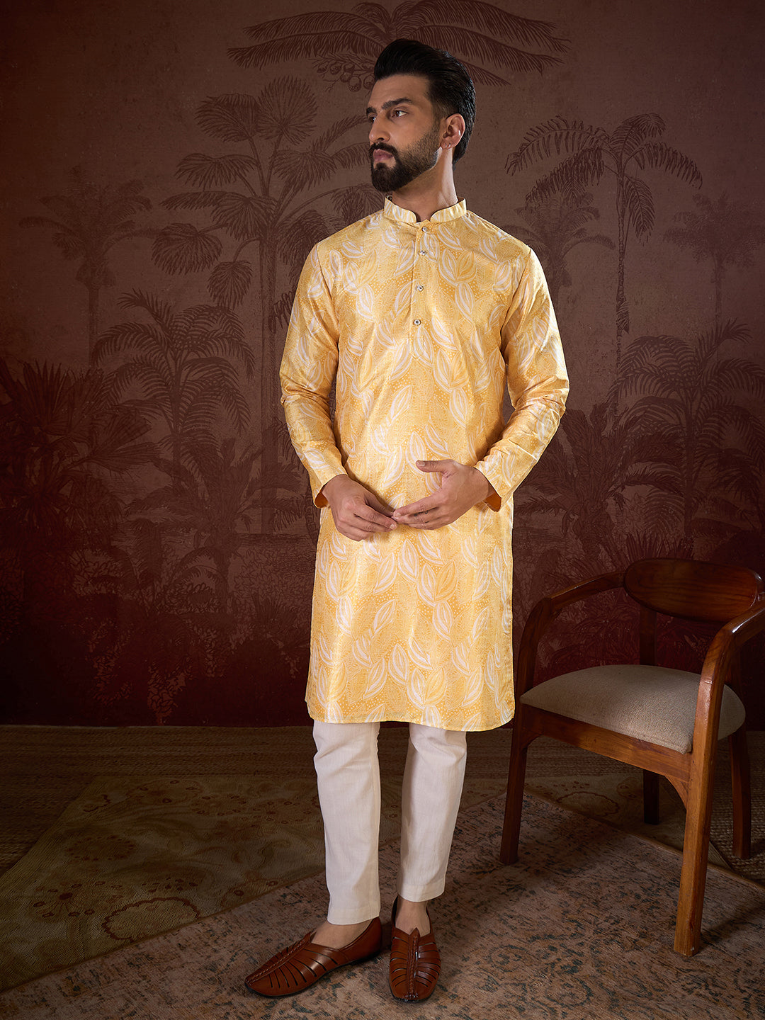 Ethnic Bay Men Yellow Silk Blend Floral Printed Straight Kurta With Trouser