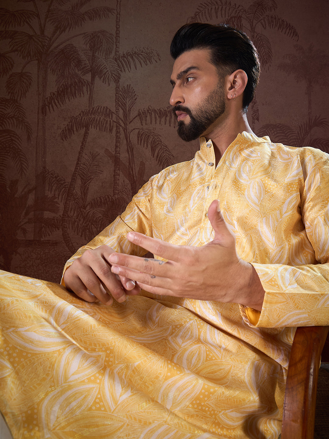 Ethnic Bay Men Yellow Silk Blend Floral Printed Straight Kurta With Trouser