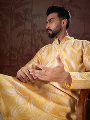 Ethnic Bay Men Yellow Silk Blend Floral Printed Straight Kurta With Trouser-MKSET1937