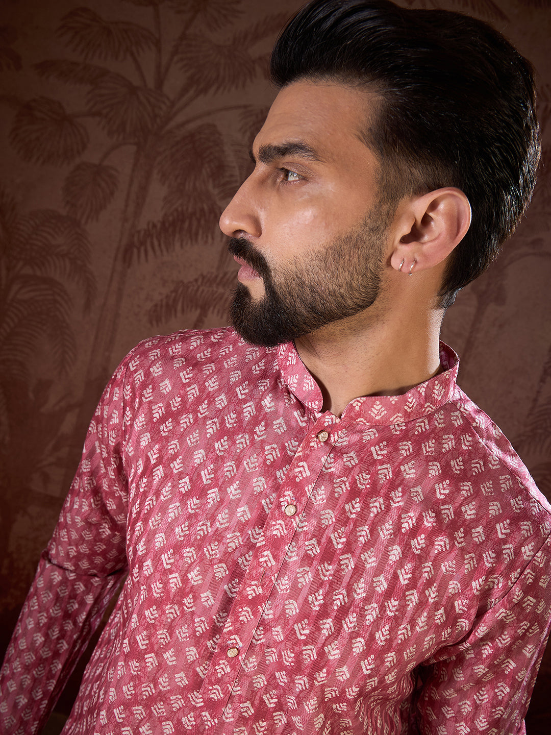 Ethnic Bay Men Pink Silk Blend Ethnic Motifs Printed Straight Kurta With Trouser-MKSET1938