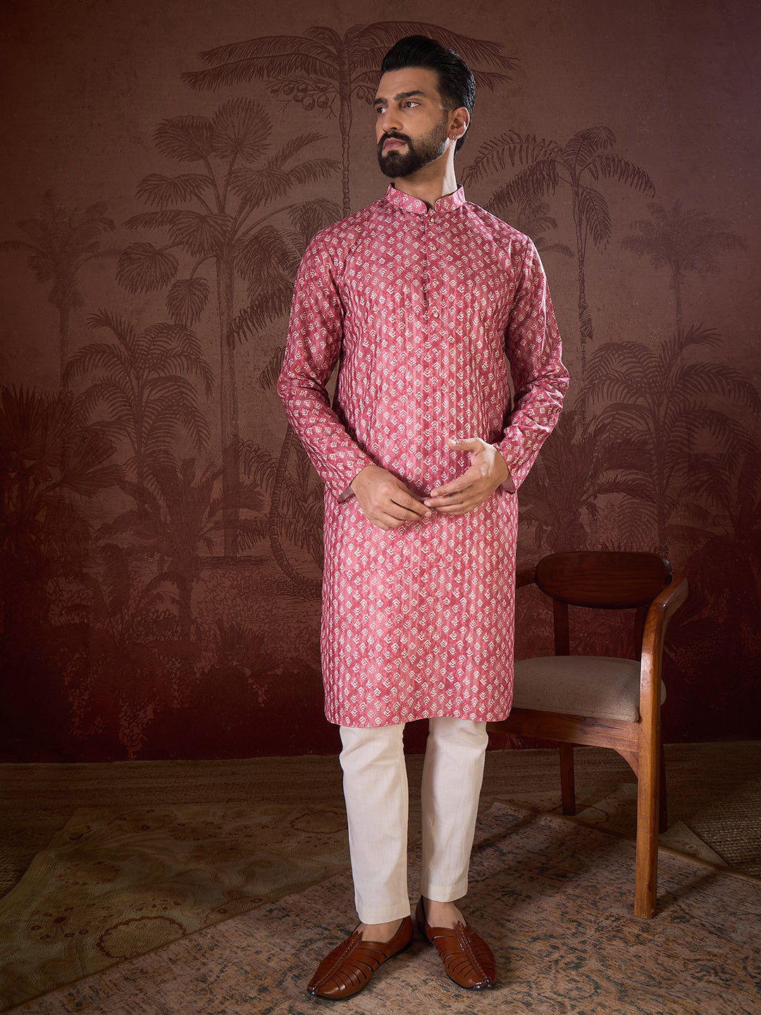 Ethnic Bay Men Pink Silk Blend Ethnic Motifs Printed Straight Kurta With Trouser