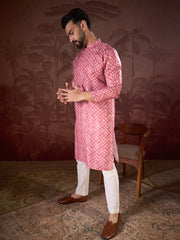Ethnic Bay Men Pink Silk Blend Ethnic Motifs Printed Straight Kurta With Trouser-MKSET1938