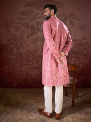 Ethnic Bay Men Pink Silk Blend Ethnic Motifs Printed Straight Kurta With Trouser-MKSET1938