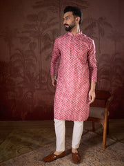 Ethnic Bay Men Pink Silk Blend Ethnic Motifs Printed Straight Kurta With Trouser-MKSET1938