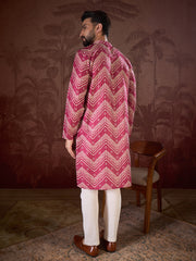 Ethnic Bay Men Magenta Silk Blend Chevron Printed Straight Kurta With Trouser-MKSET1940