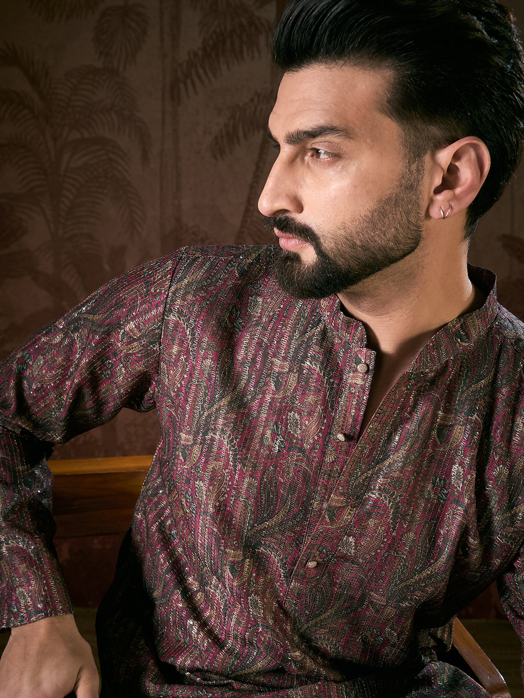 Ethnic Bay Men Purple Silk Blend Ethnic Motifs Printed Straight Kurta With Trouser