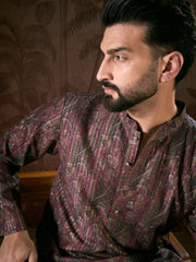 Ethnic Bay Men Purple Silk Blend Ethnic Motifs Printed Straight Kurta With Trouser-MKSET1941