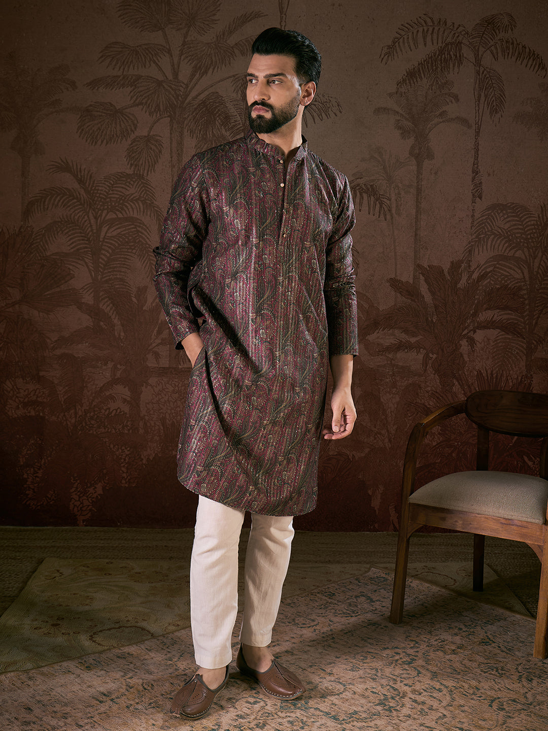 Ethnic Bay Men Purple Silk Blend Ethnic Motifs Printed Straight Kurta With Trouser