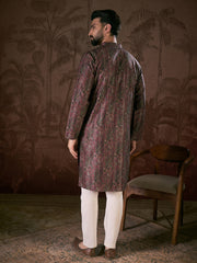 Ethnic Bay Men Purple Silk Blend Ethnic Motifs Printed Straight Kurta With Trouser-MKSET1941