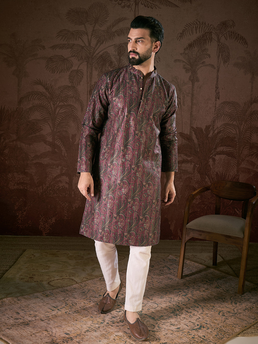 Ethnic Bay Men Purple Silk Blend Ethnic Motifs Printed Straight Kurta With Trouser