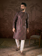 Ethnic Bay Men Purple Silk Blend Ethnic Motifs Printed Straight Kurta With Trouser-MKSET1941