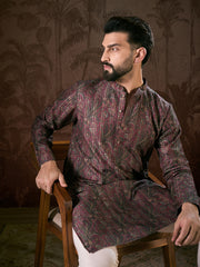 Ethnic Bay Men Purple Silk Blend Ethnic Motifs Printed Straight Kurta With Trouser-MKSET1941