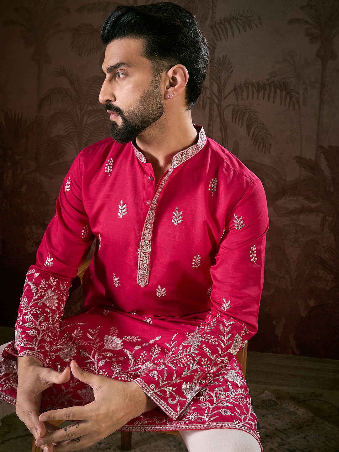 Ethnic Bay Men Pink Silk Blend Solid Embroidered Straight Kurta With Trouser-MKSET1943