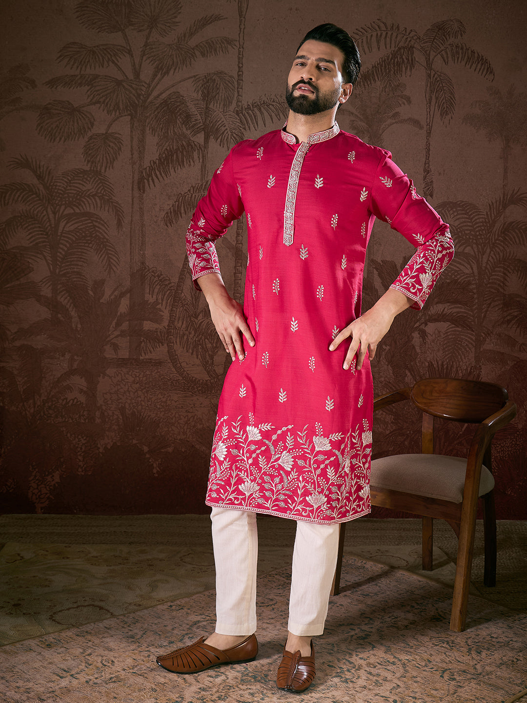 Ethnic Bay Men Pink Silk Blend Solid Embroidered Straight Kurta With Trouser
