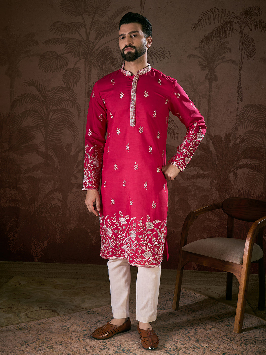 Ethnic Bay Men Pink Silk Blend Solid Embroidered Straight Kurta With Trouser