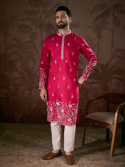 Ethnic Bay Men Pink Silk Blend Solid Embroidered Straight Kurta With Trouser-MKSET1943